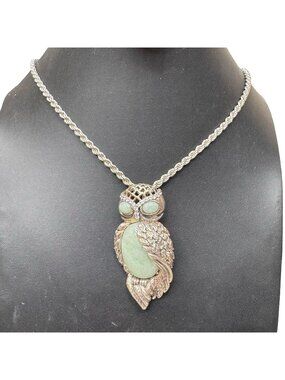 Sterling Silver Necklace With Statement Costume Owl Pendant 22" Chain Made Italy